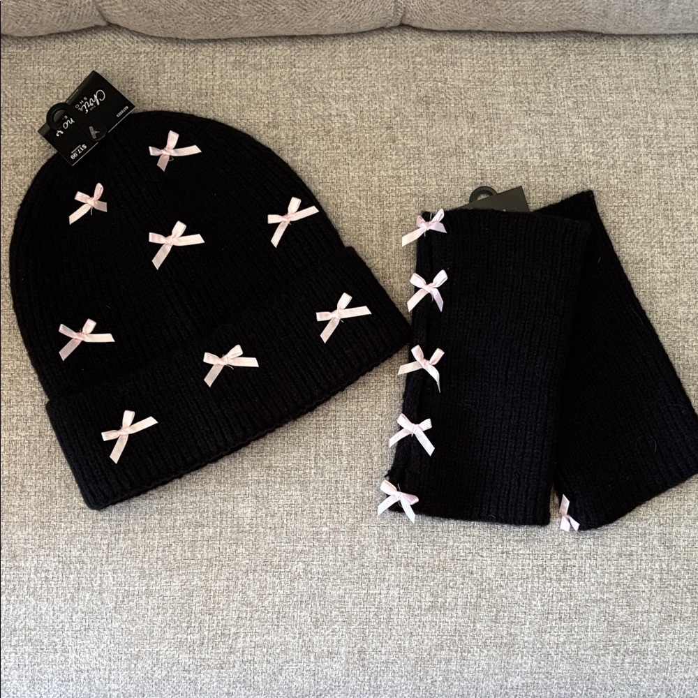 Black Beanie and Gloves with Pink Bows